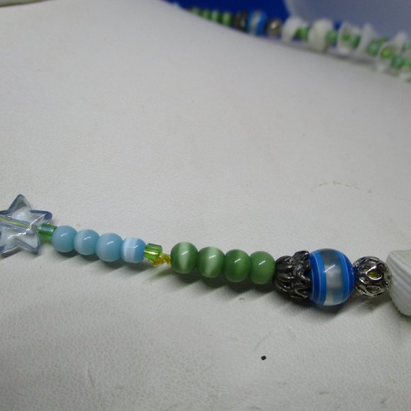 SEASHELL NECKLACE MOONGLOW Blue Green Beads 2 Strand Bead Seashell Moonglow - Picture 9 of 11
